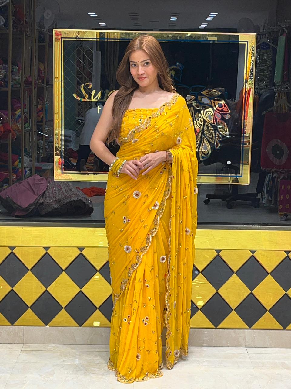 Yellow Multiple Sequence Handwork Chiffon Saree (267)