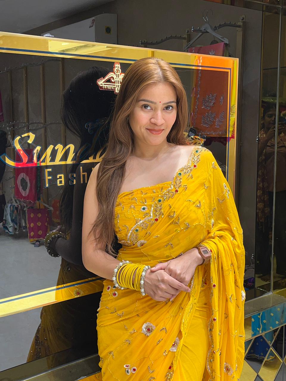 Yellow Multiple Sequence Handwork Chiffon Saree (267)