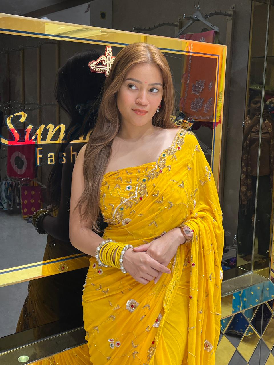 Yellow Multiple Sequence Handwork Chiffon Saree (267)