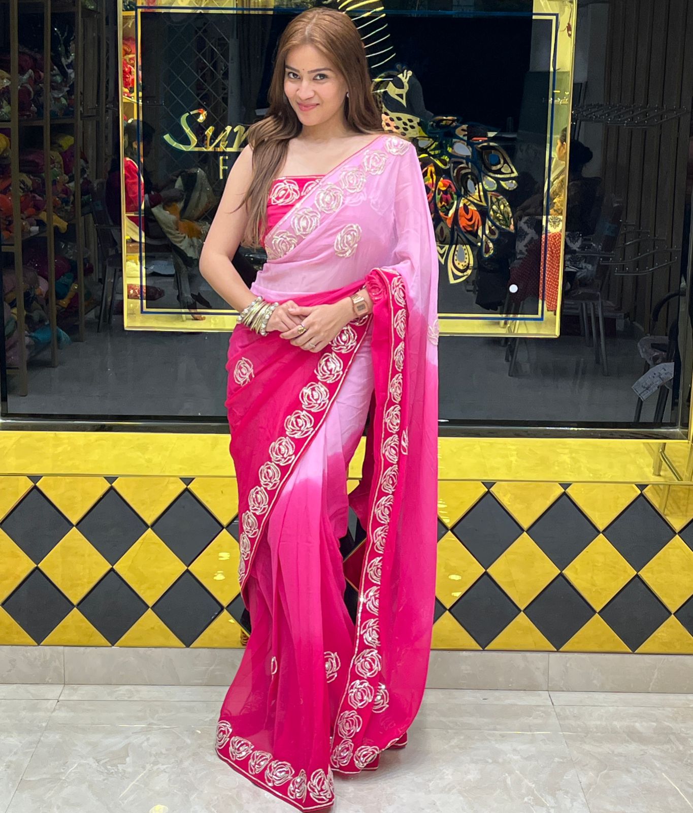 Rose Sequence Designer Pink Saree (268)