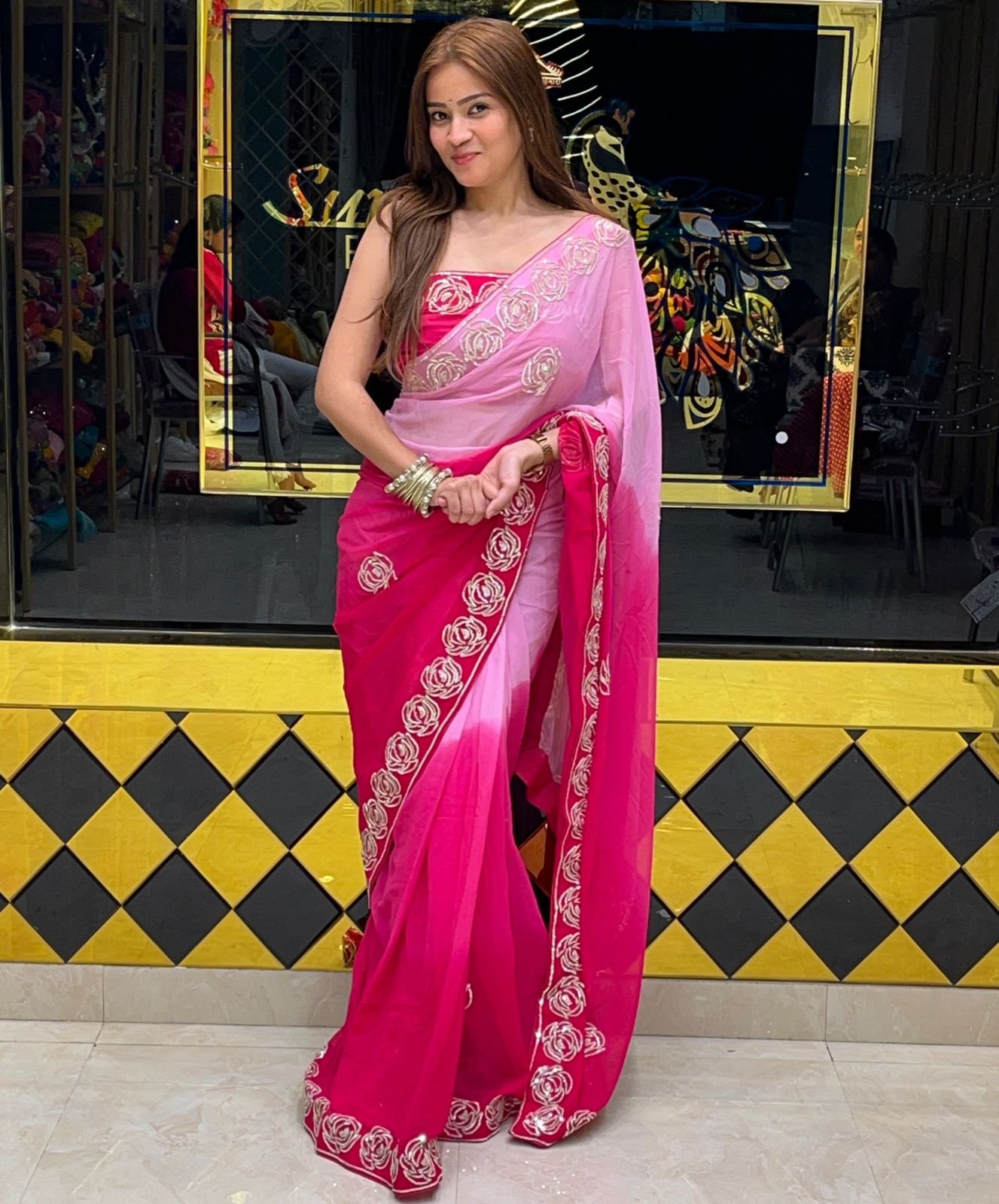 Rose Sequence Designer Pink Saree (268)