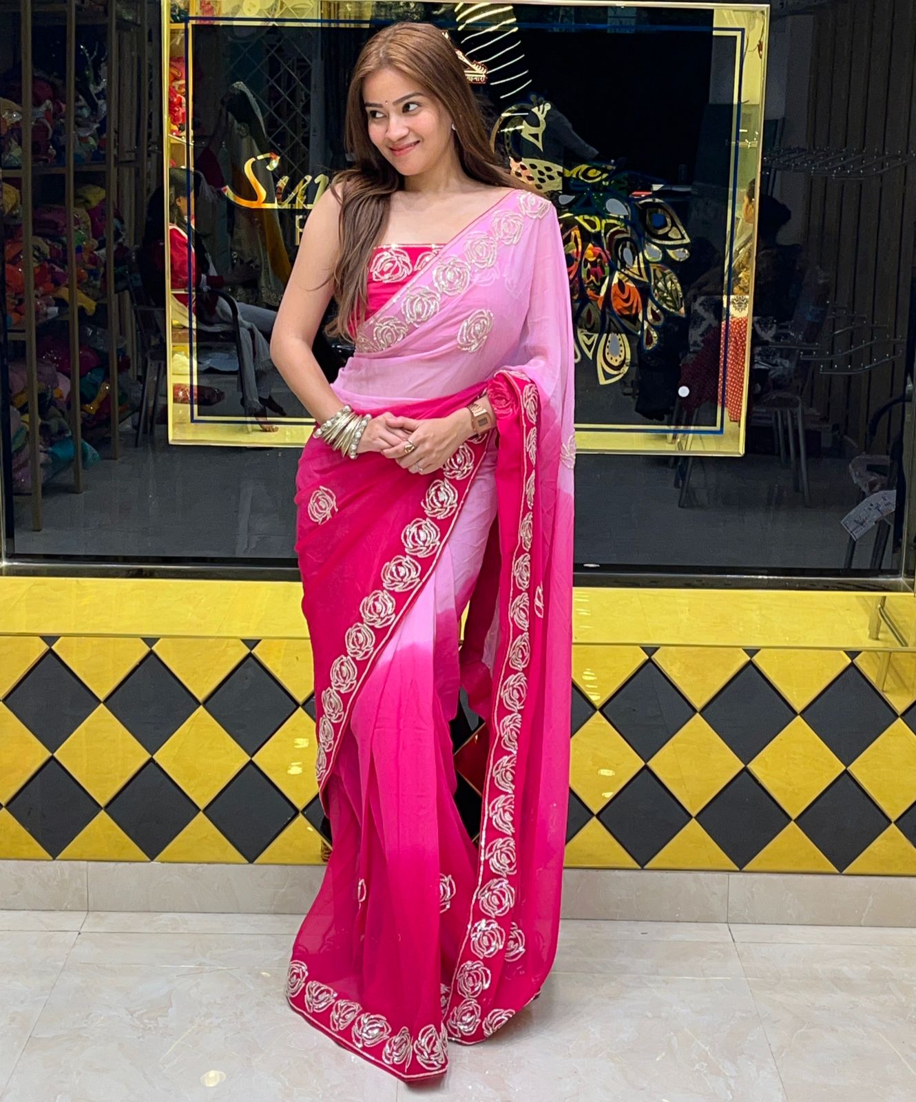 Rose Sequence Designer Pink Saree (268)