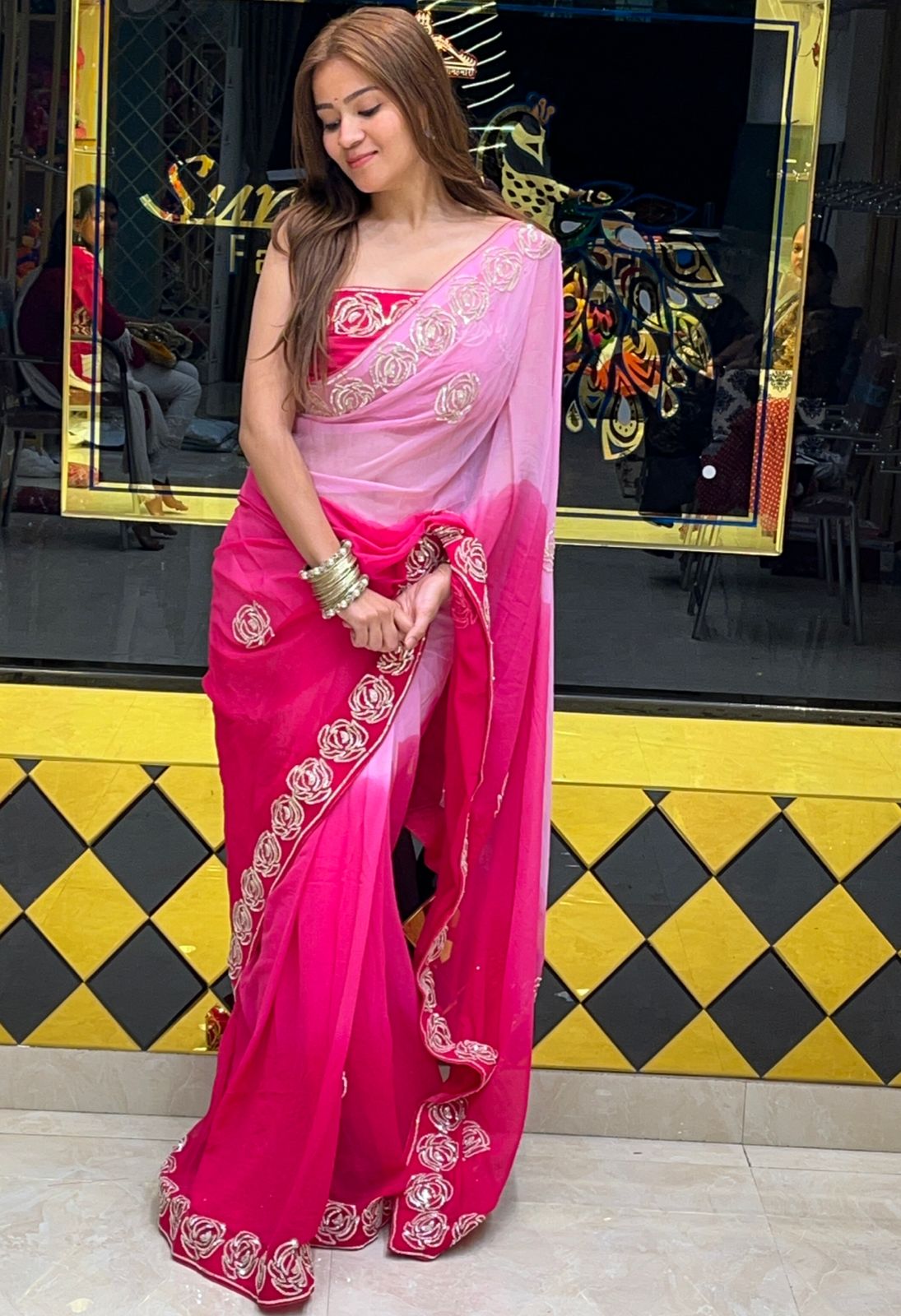 Rose Sequence Designer Pink Saree (268)