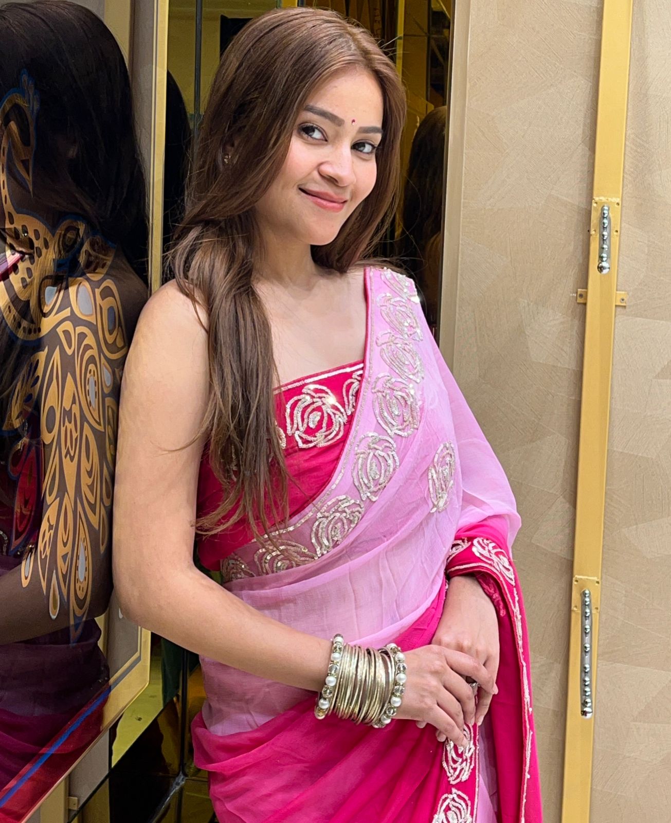 Rose Sequence Designer Pink Saree (268)