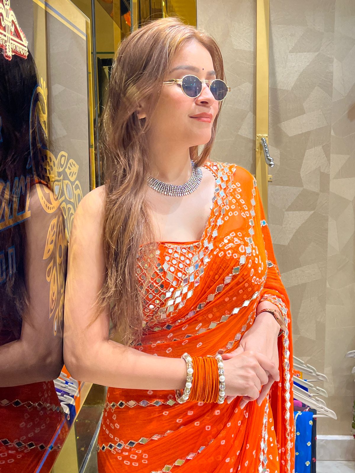 Orange Bandhani Mirror Work Saree (271)