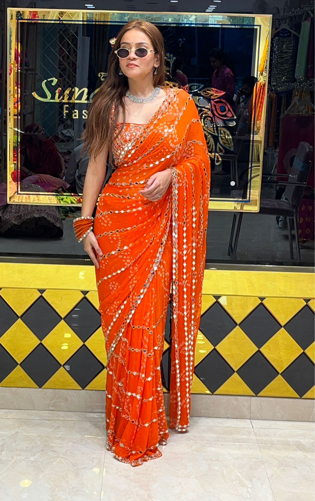 Orange Bandhani Mirror Work Saree (271)