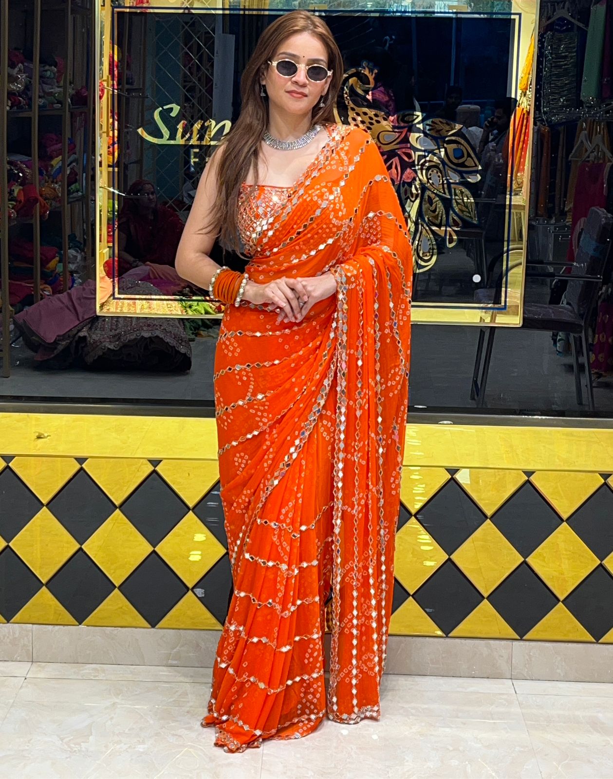 Orange Bandhani Mirror Work Saree (271)