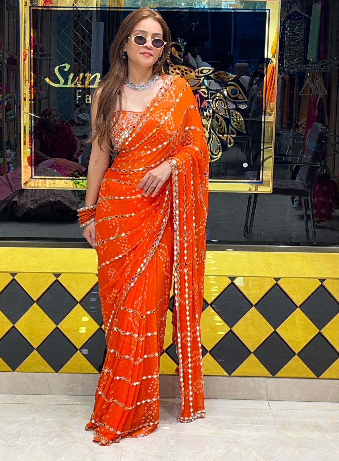 Orange Bandhani Mirror Work Saree (271)