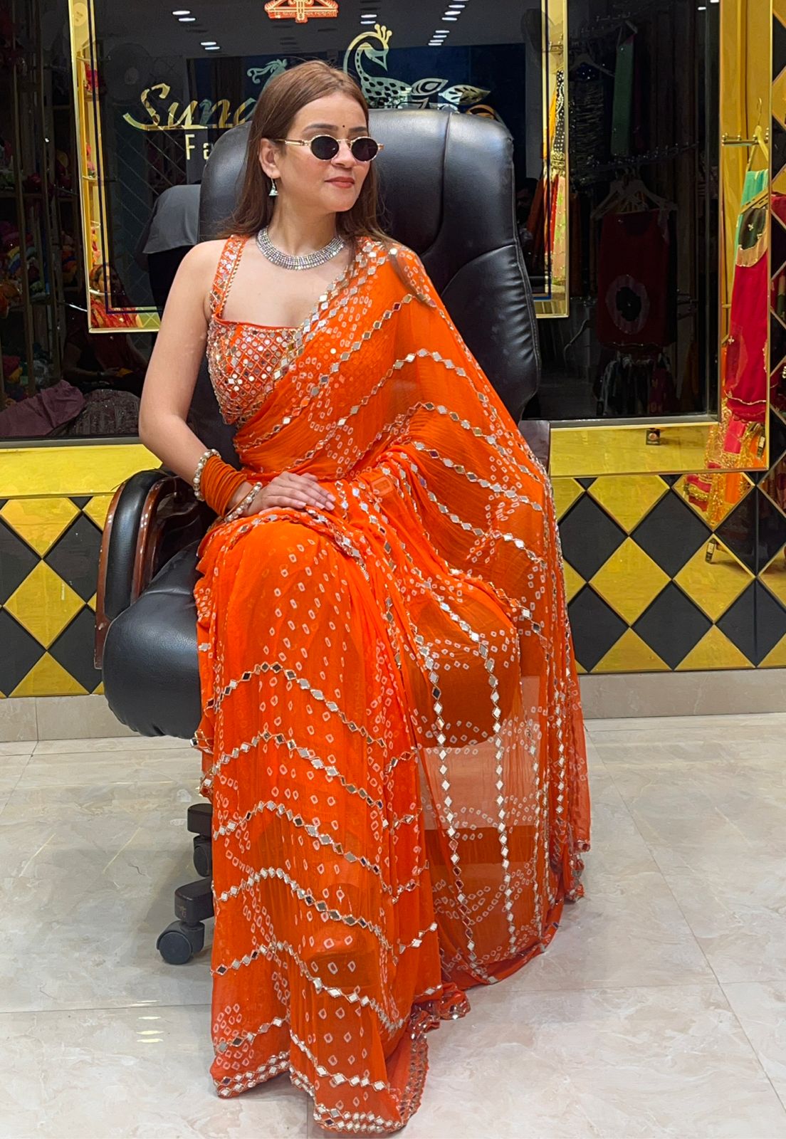 Orange Bandhani Mirror Work Saree (271)
