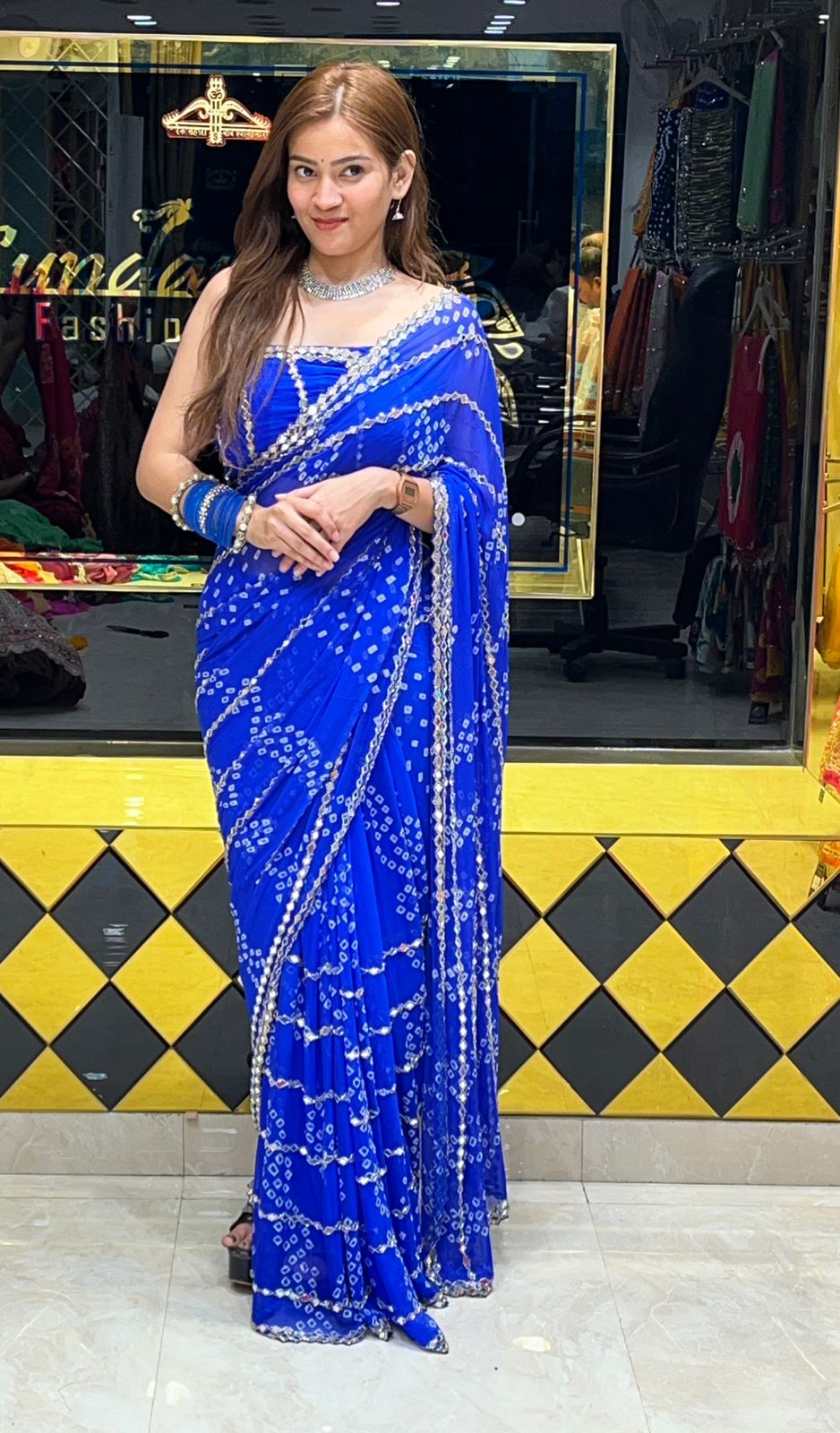 Blue Bandhani Mirror Work Saree (274)