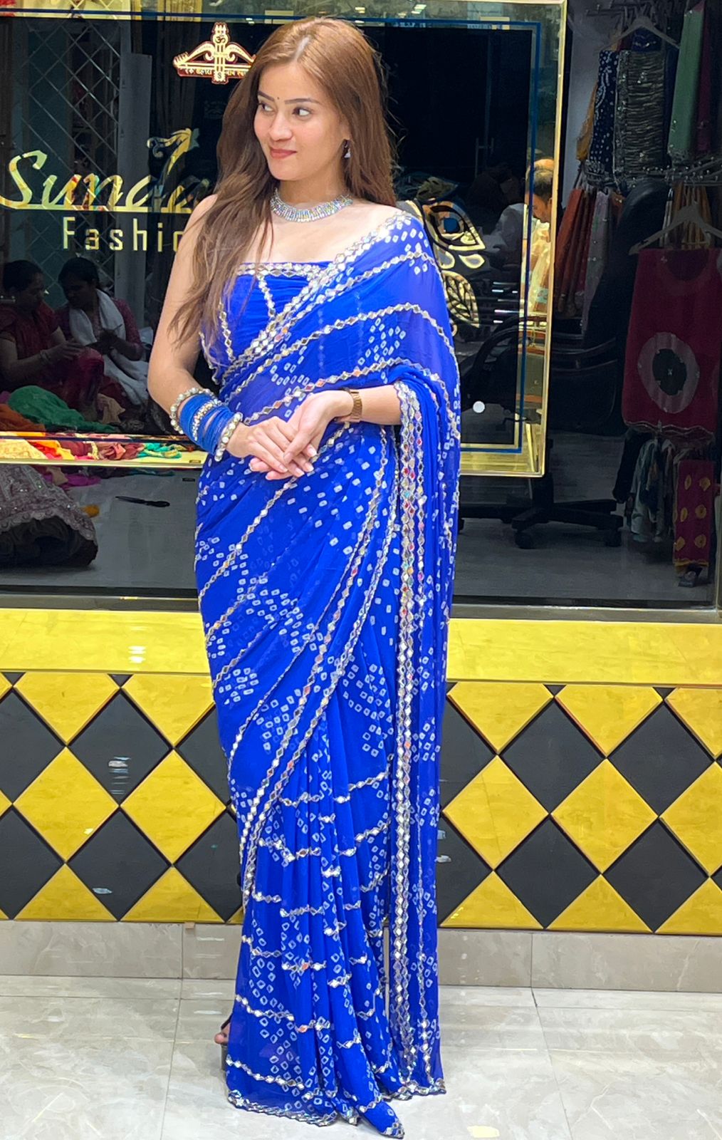 Blue Bandhani Mirror Work Saree (274)