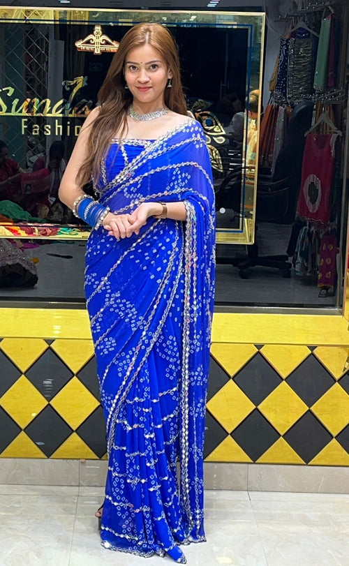 Blue Bandhani Mirror Work Saree (274)