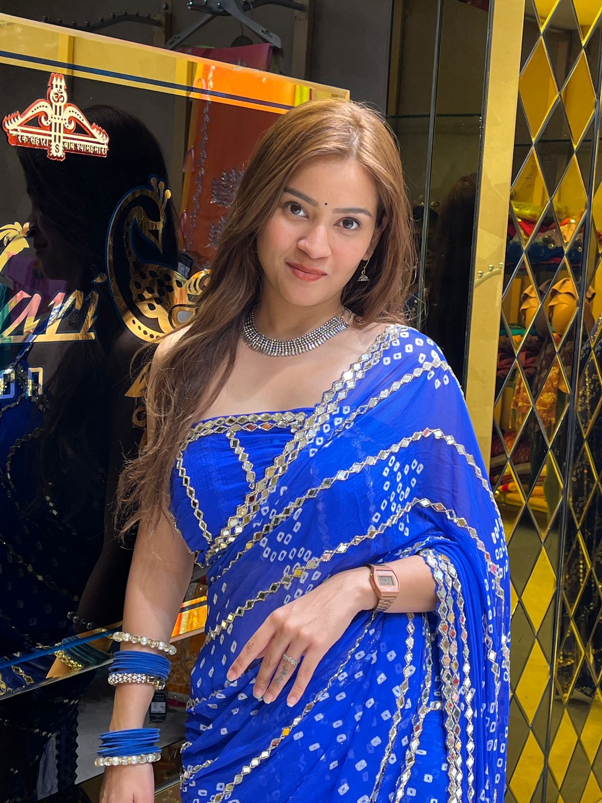 Blue Bandhani Mirror Work Saree (274)