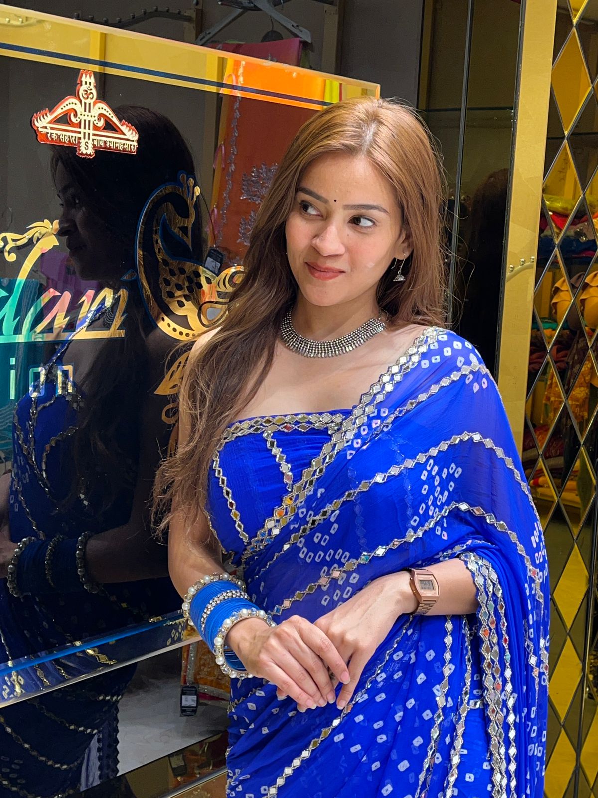 Blue Bandhani Mirror Work Saree (274)