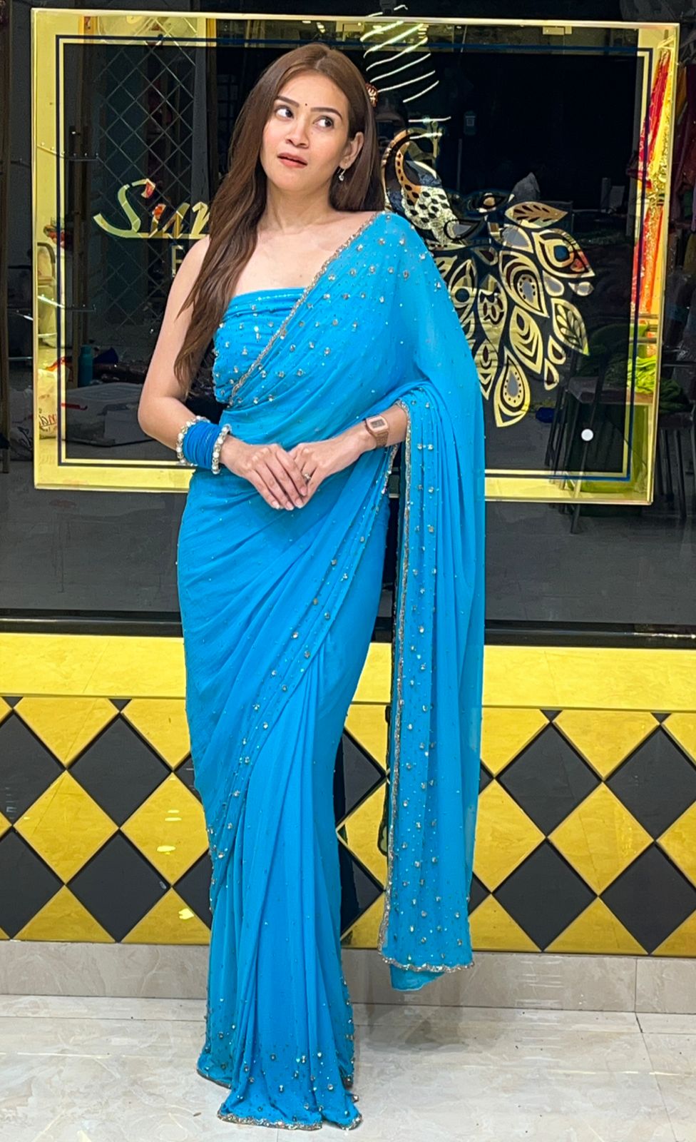 Celebrity  Style Turquoise Blue Designer Handcrafted Saree (276)