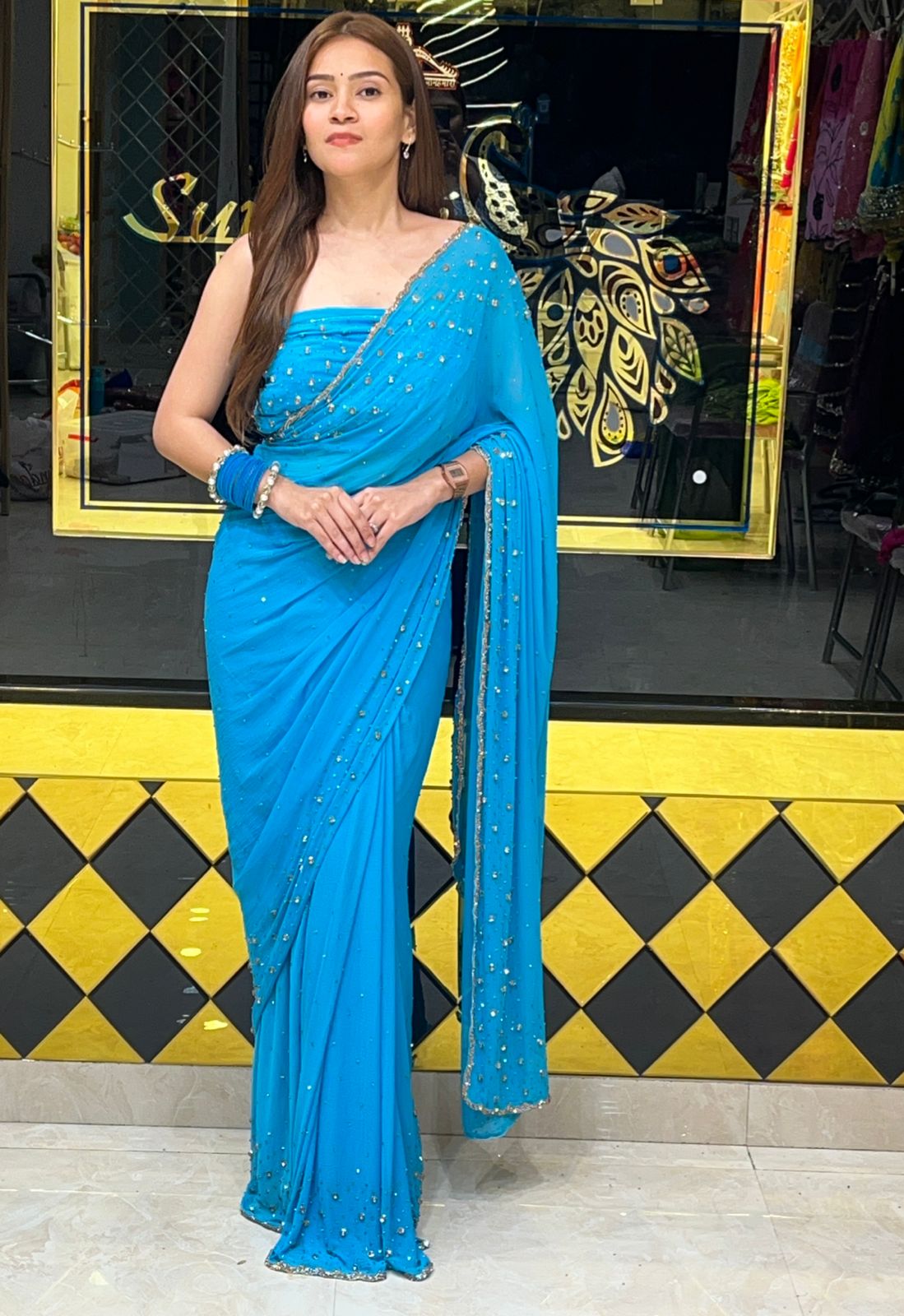 Celebrity  Style Turquoise Blue Designer Handcrafted Saree (276)