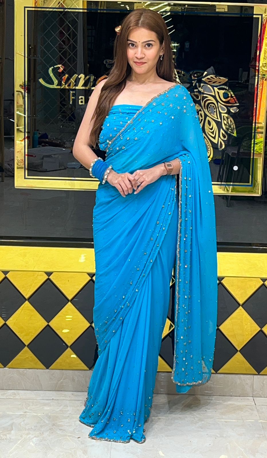 Celebrity  Style Turquoise Blue Designer Handcrafted Saree (276)