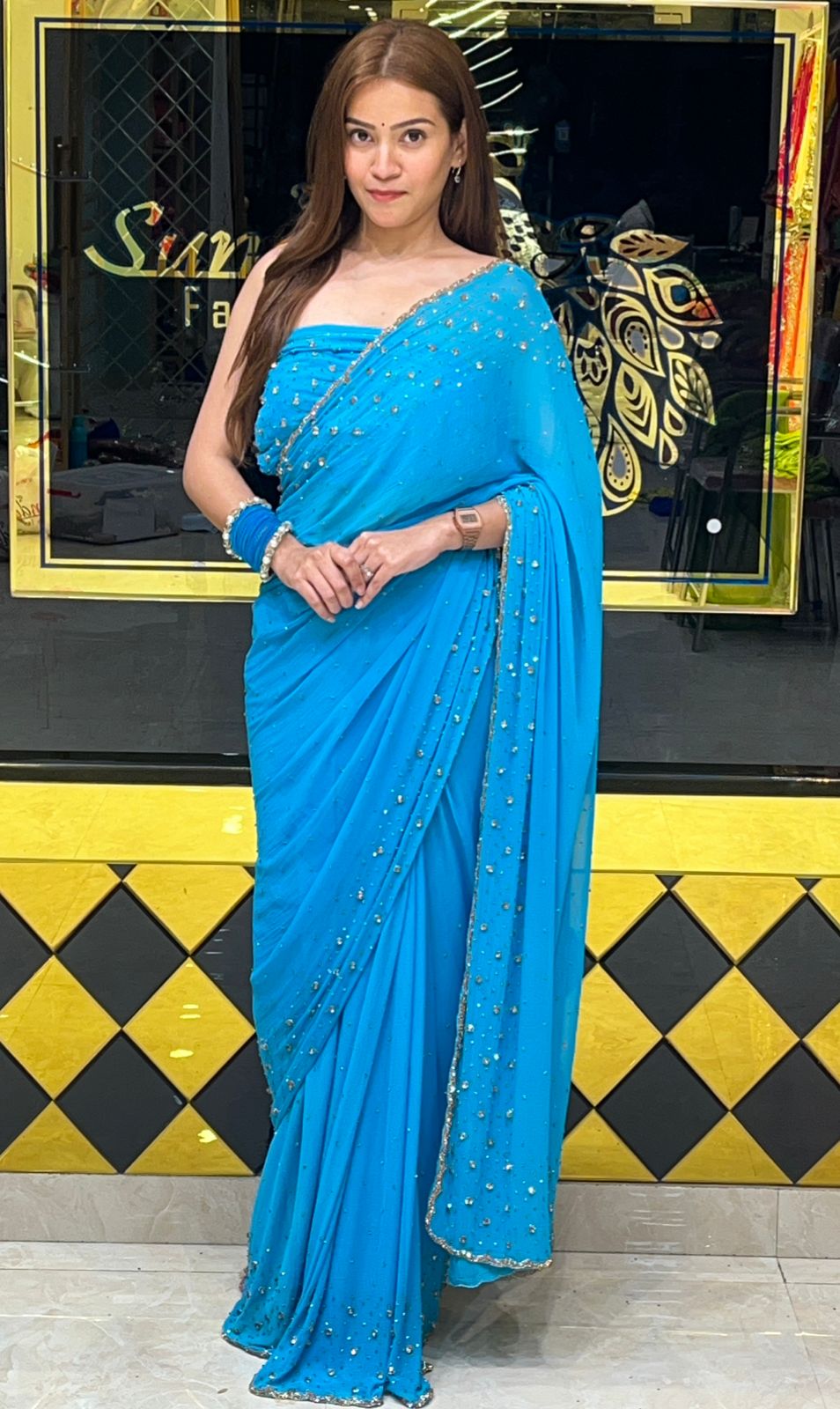 Celebrity  Style Turquoise Blue Designer Handcrafted Saree (276)