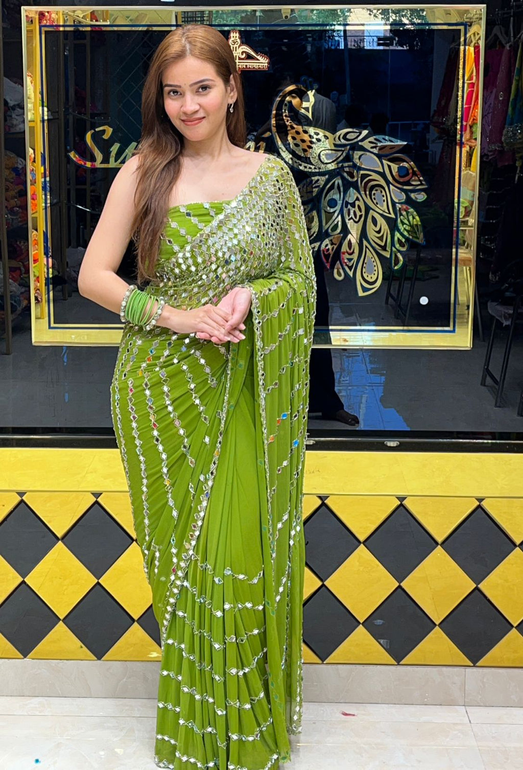 Green Full Original Mirror Work Saree (281)