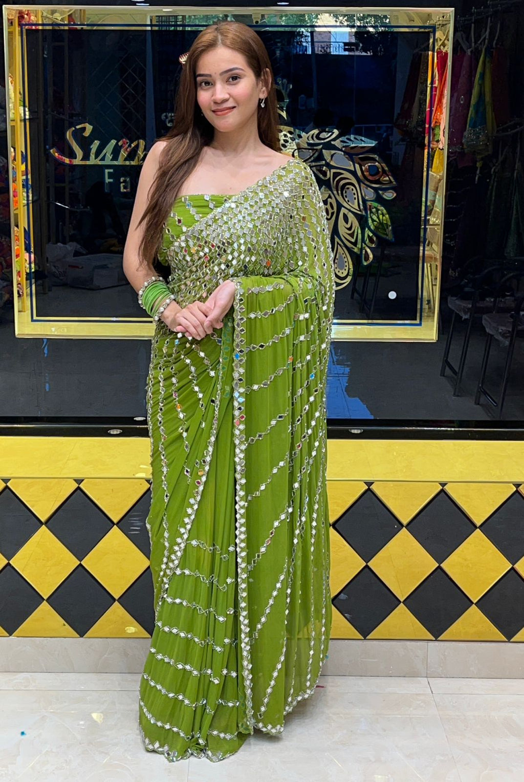 Green Full Original Mirror Work Saree (281)