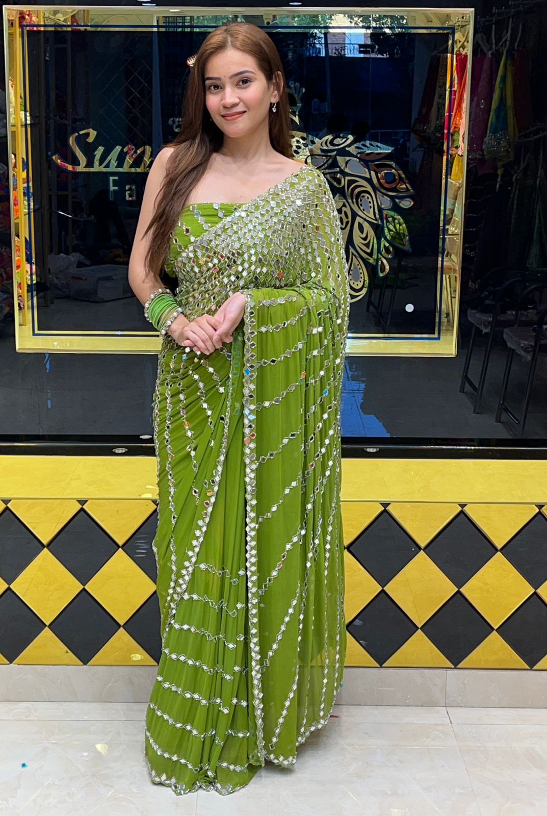 Green Full Original Mirror Work Saree (281)