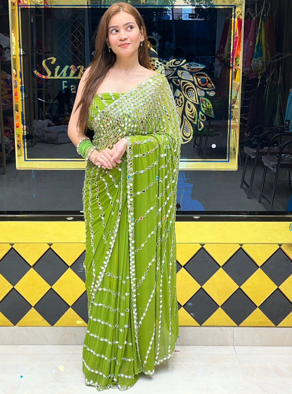 Green Full Original Mirror Work Saree (281)
