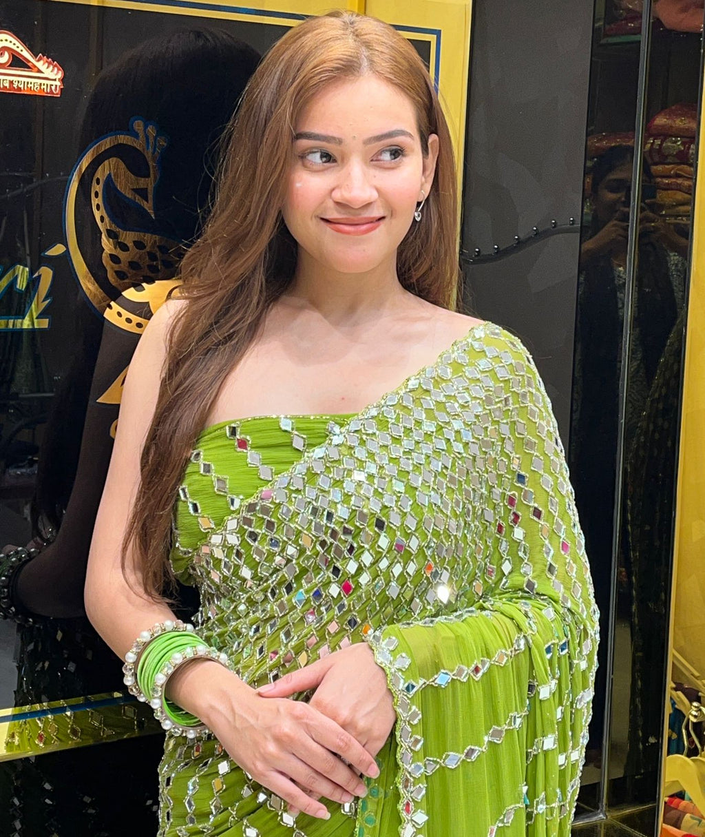 Green Full Original Mirror Work Saree (281)