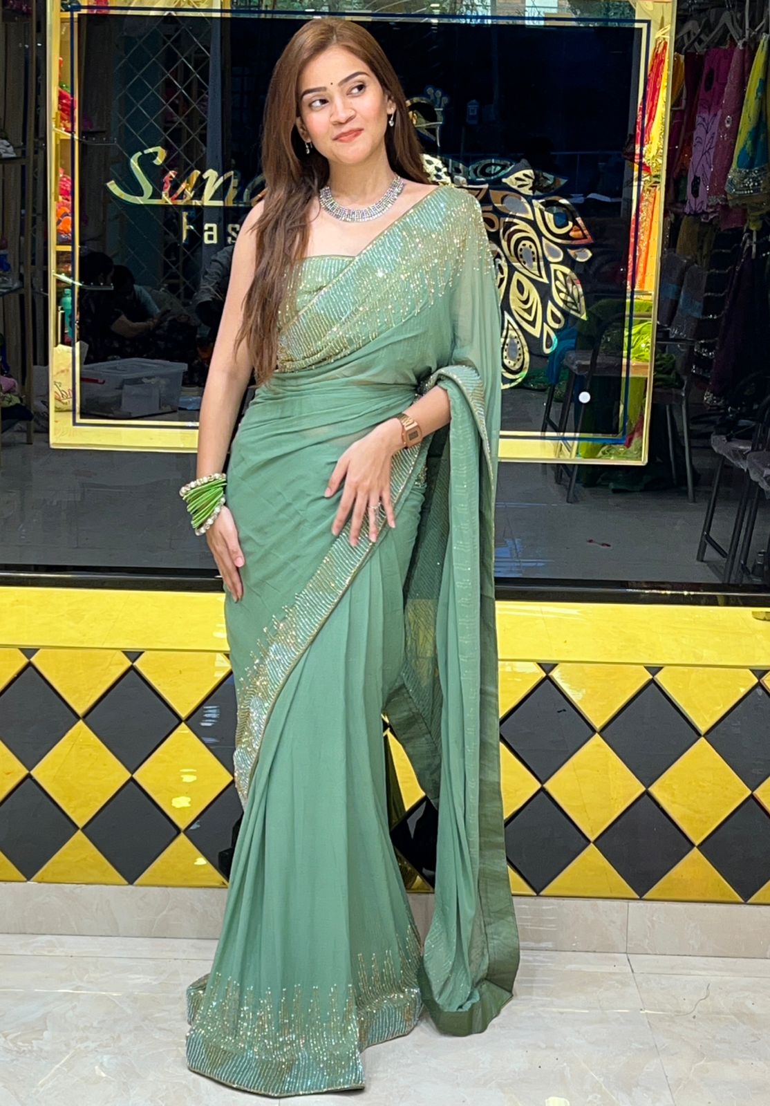 Green Katdana Pure Chiffon Handcrafted Saree (277)