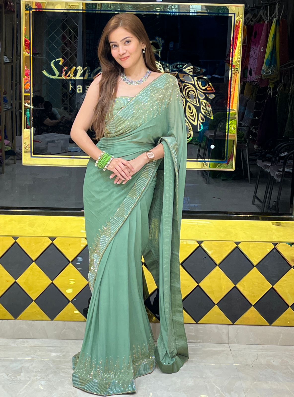 Green Katdana Pure Chiffon Handcrafted Saree (277)