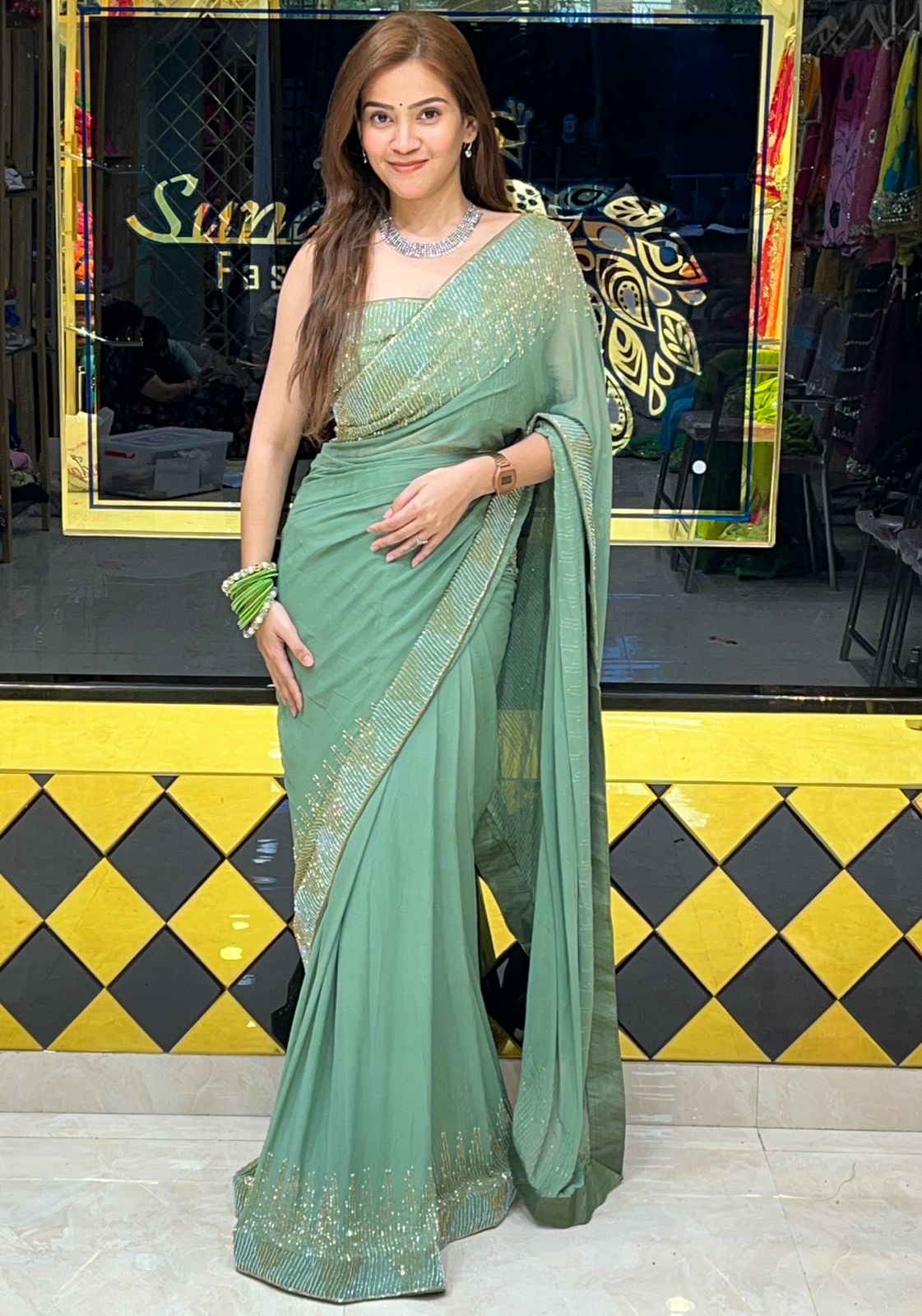 Green Katdana Pure Chiffon Handcrafted Saree (277)