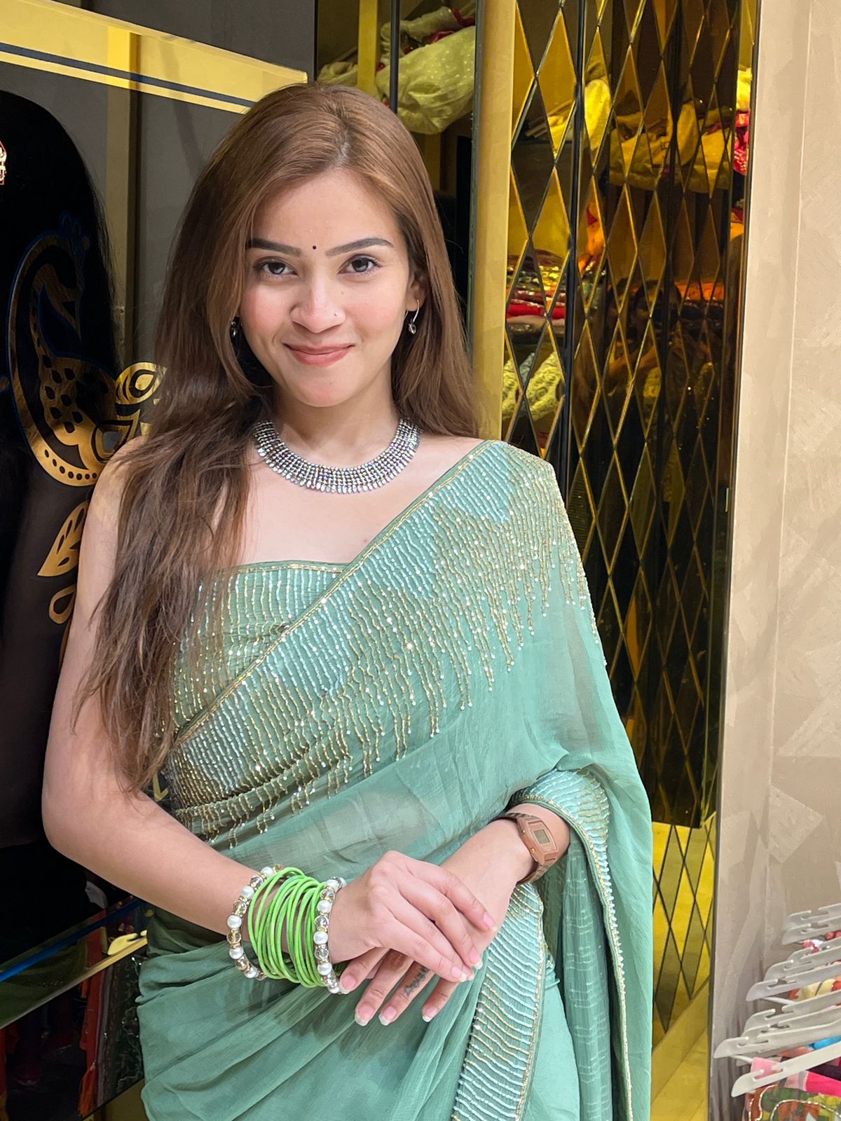 Green Katdana Pure Chiffon Handcrafted Saree (277)