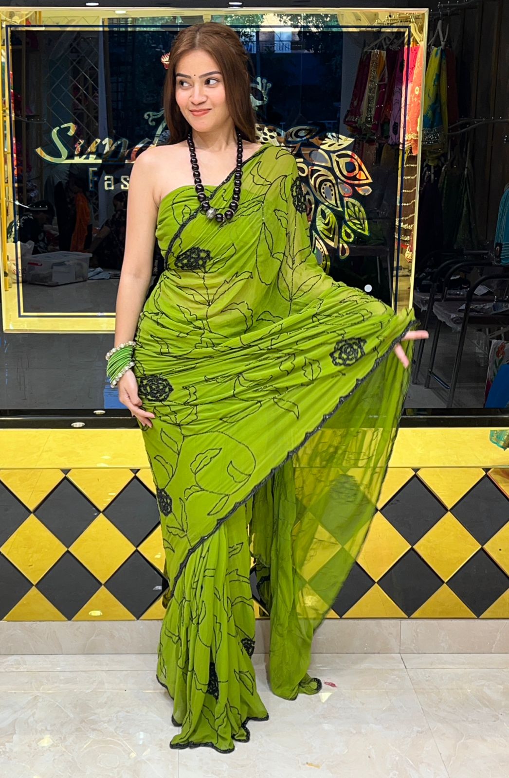 Green Pure Chiffon Premium Handcrafted Saree (280)