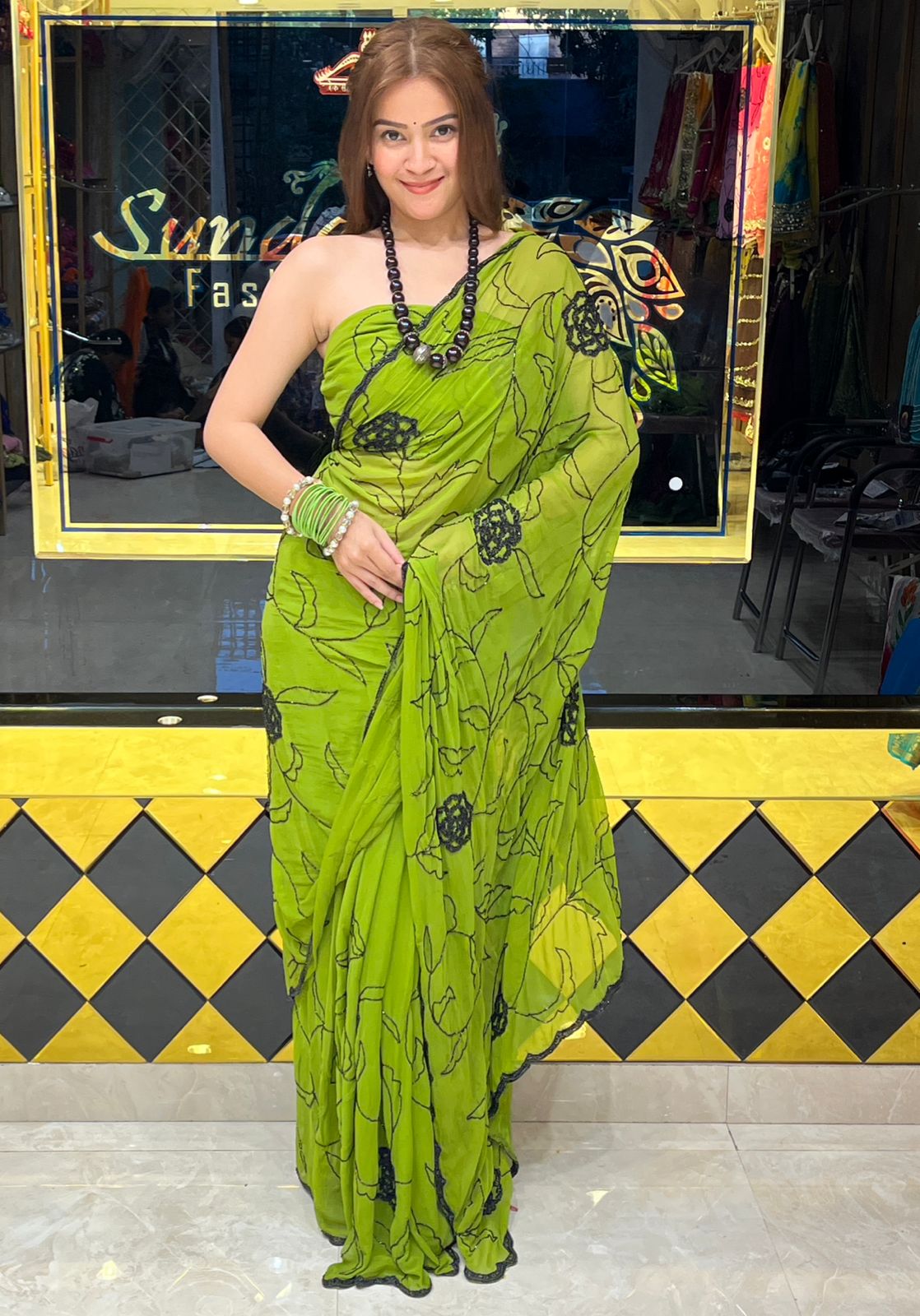 Green Pure Chiffon Premium Handcrafted Saree (280)