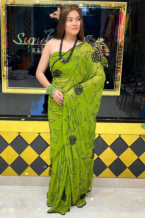 Green Pure Chiffon Premium Handcrafted Saree (280)