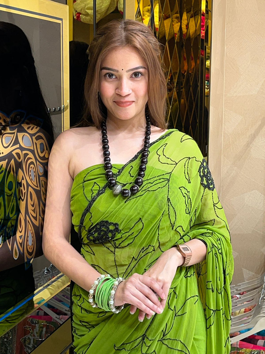 Green Pure Chiffon Premium Handcrafted Saree (280)