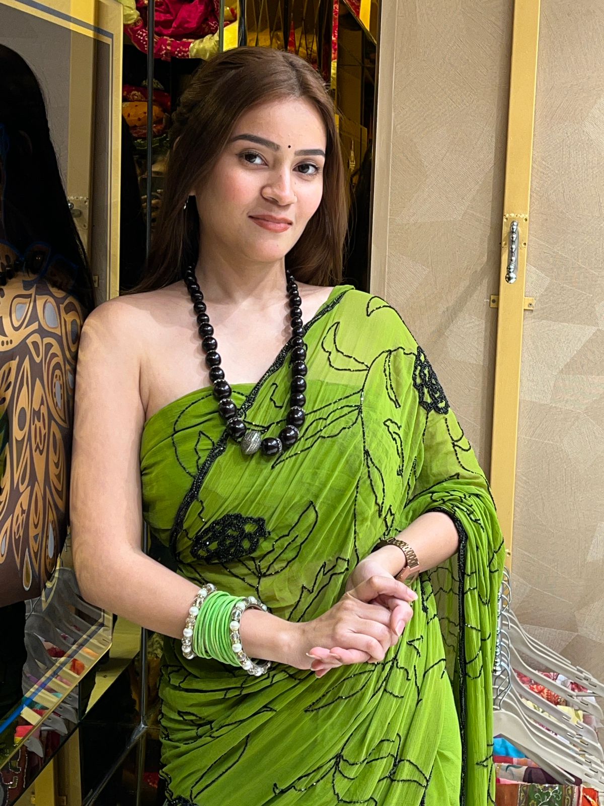 Green Pure Chiffon Premium Handcrafted Saree (280)