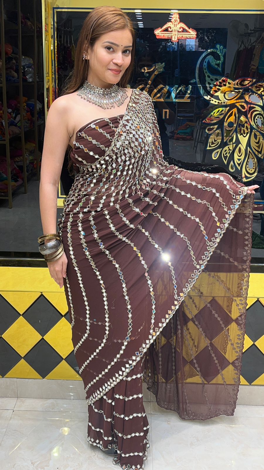 Brown Full Mirror Work Saree (283)