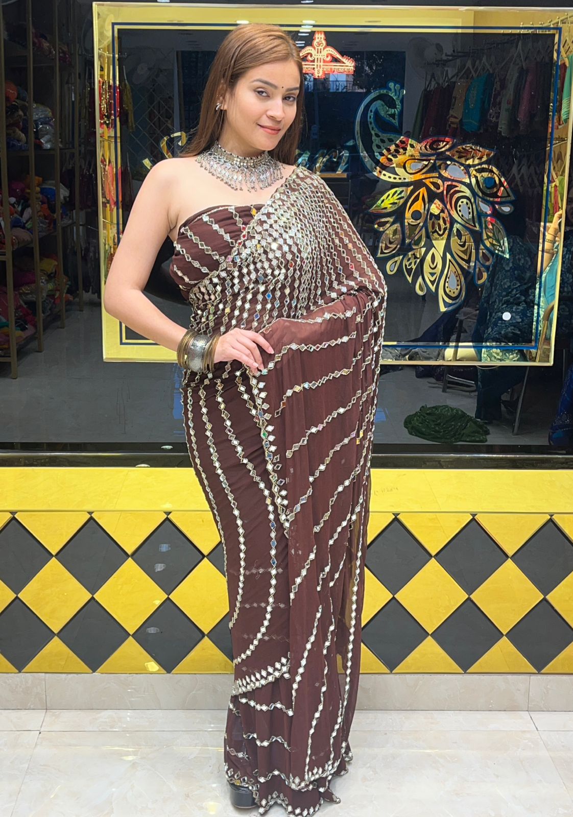 Brown Full Mirror Work Saree (283)