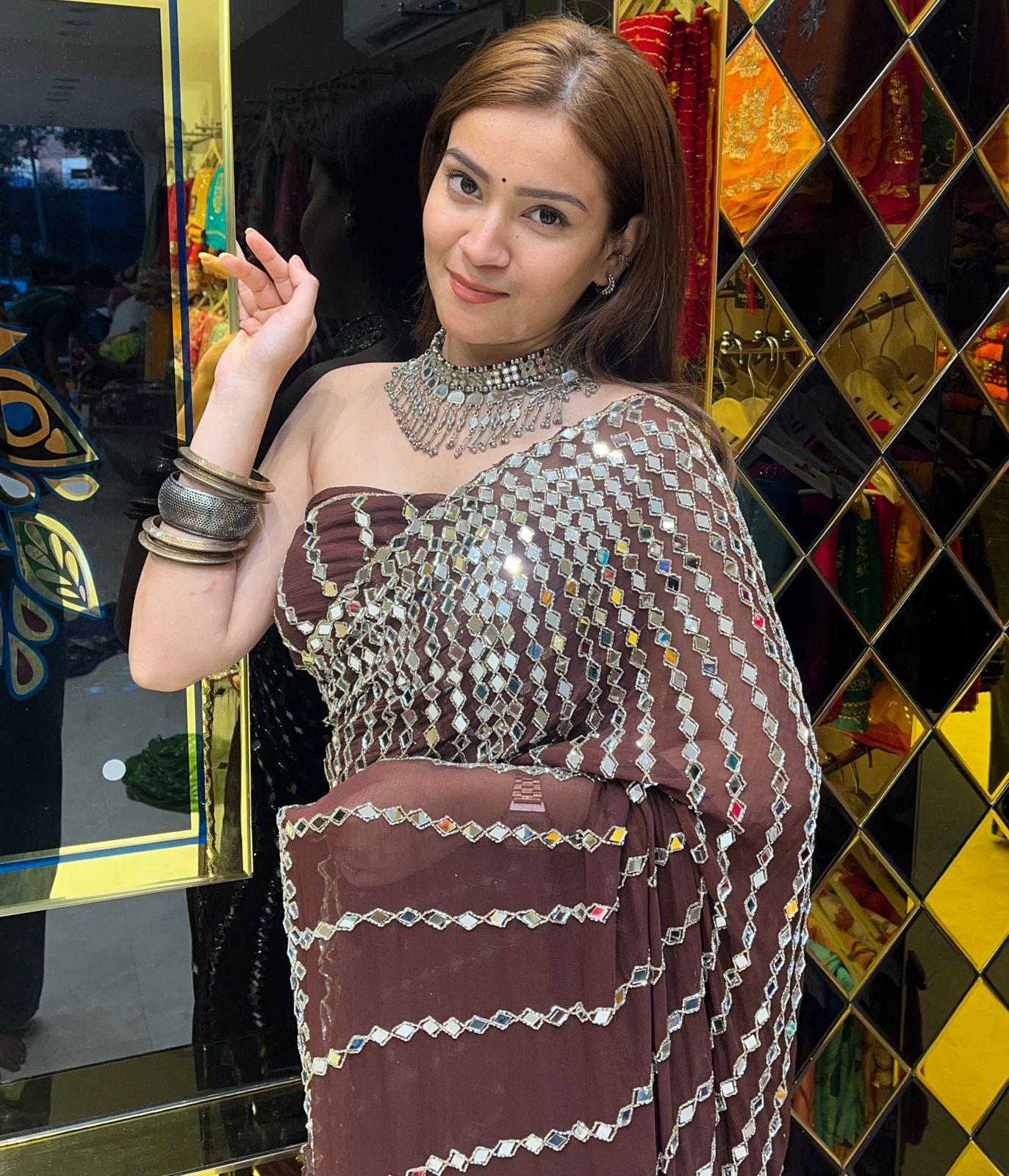 Brown Full Mirror Work Saree (283)