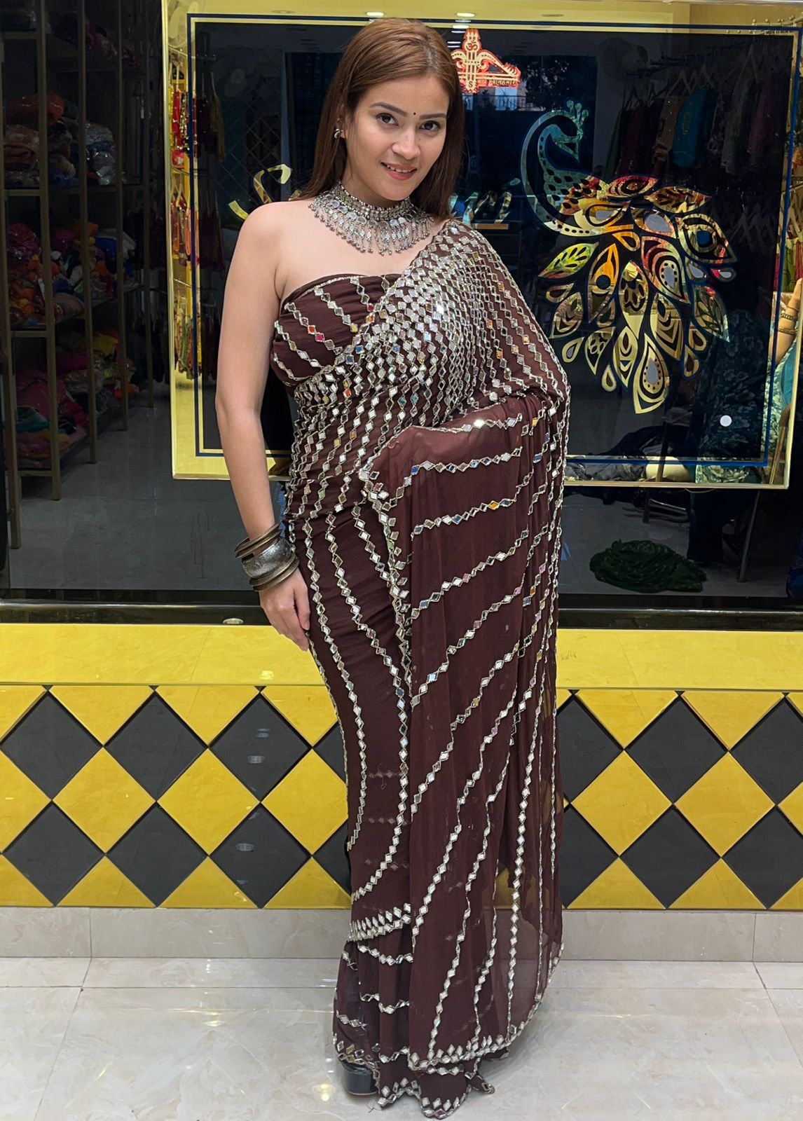 Brown Full Mirror Work Saree (283)