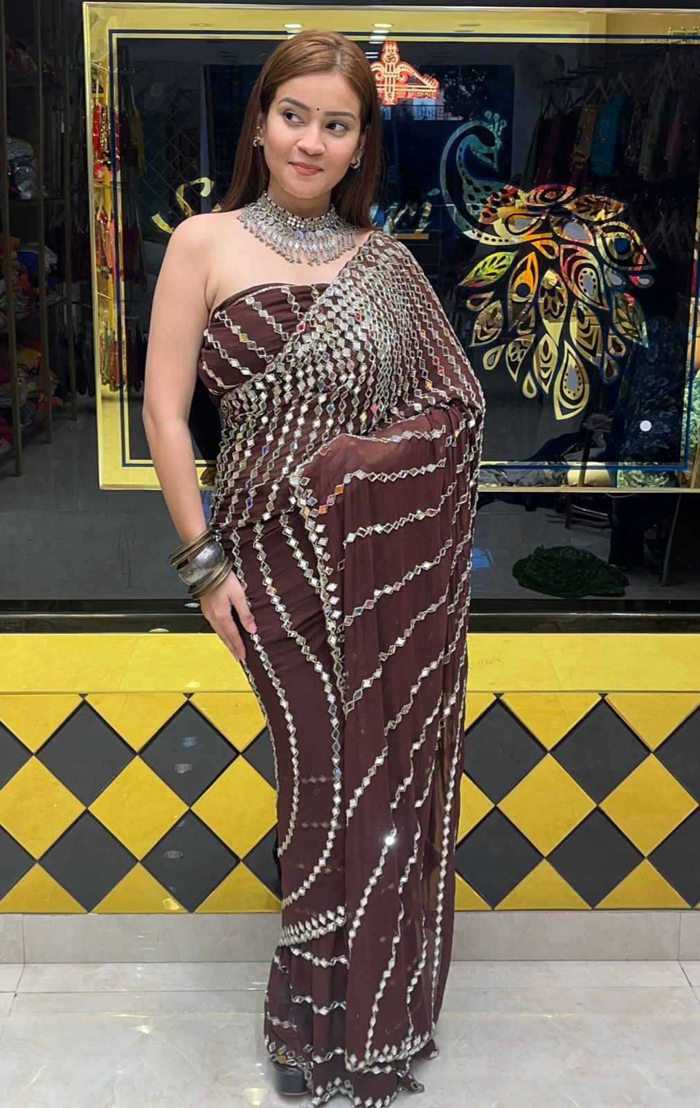 Brown Full Mirror Work Saree (283)