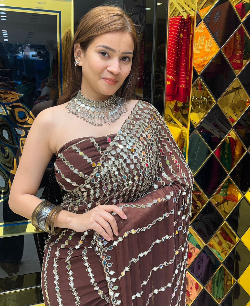 Brown Full Mirror Work Saree (283)