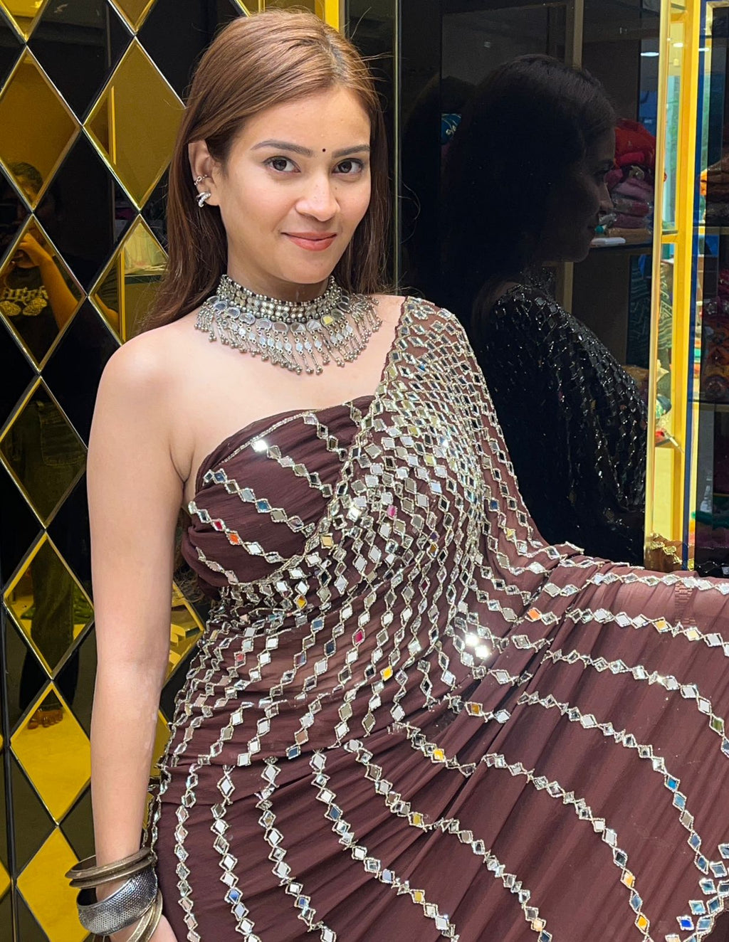 Brown Full Mirror Work Saree (283)