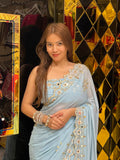 Pure Chiffon Powder Blue Colour Designer Saree (289)