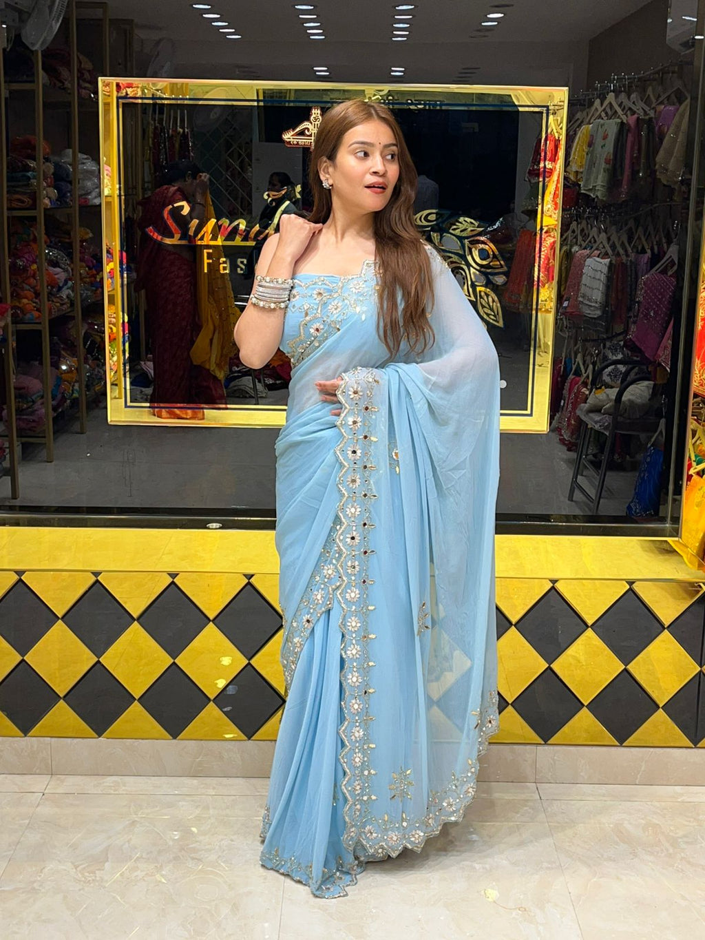 Pure Chiffon Powder Blue Colour Designer Saree (289)