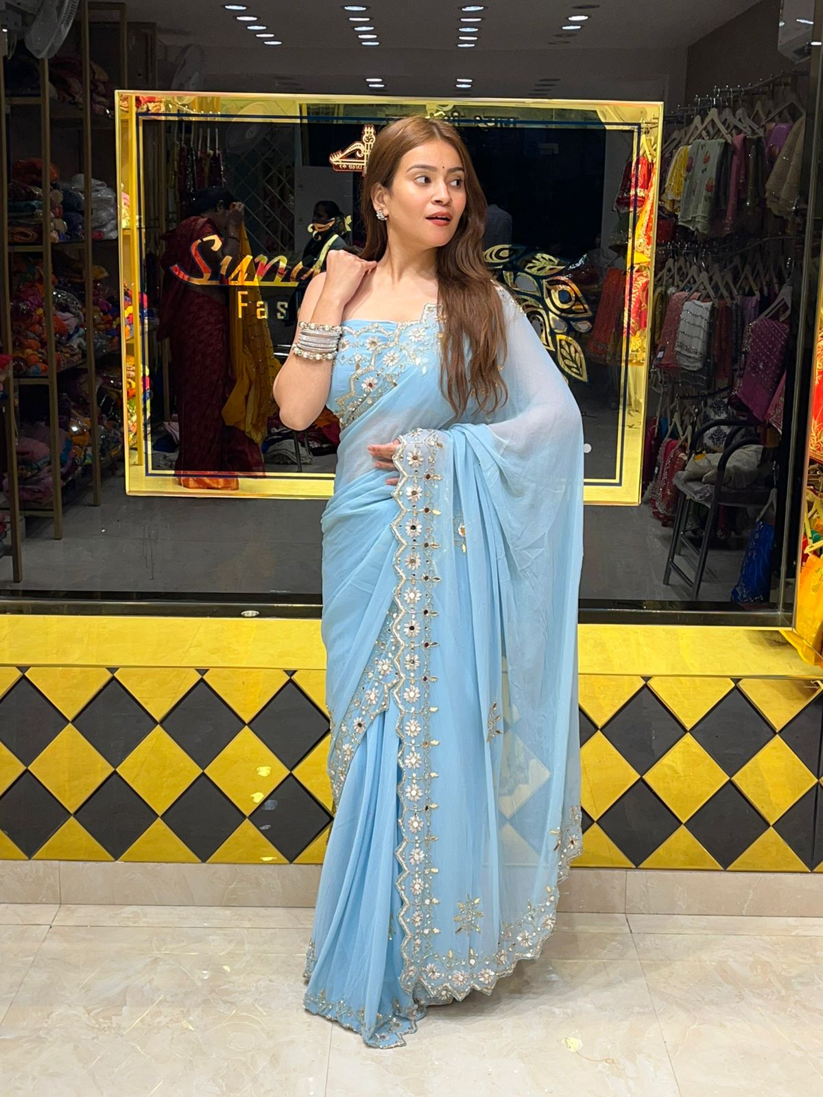 Pure Chiffon Powder Blue Colour Designer Saree (289)