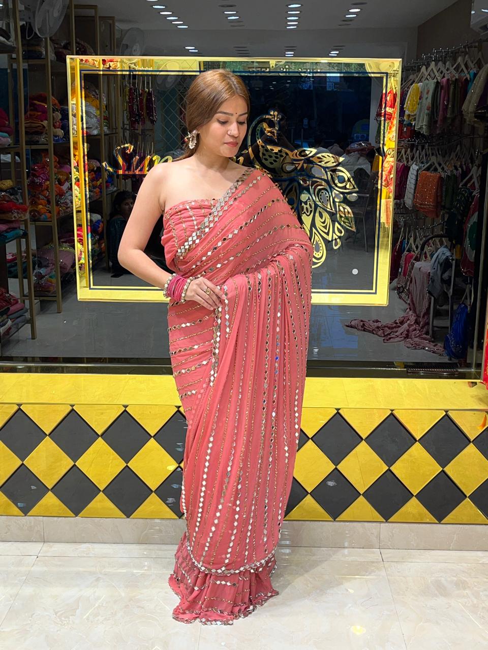 Peachy Pink Handcrafted Partywear Saree (288)