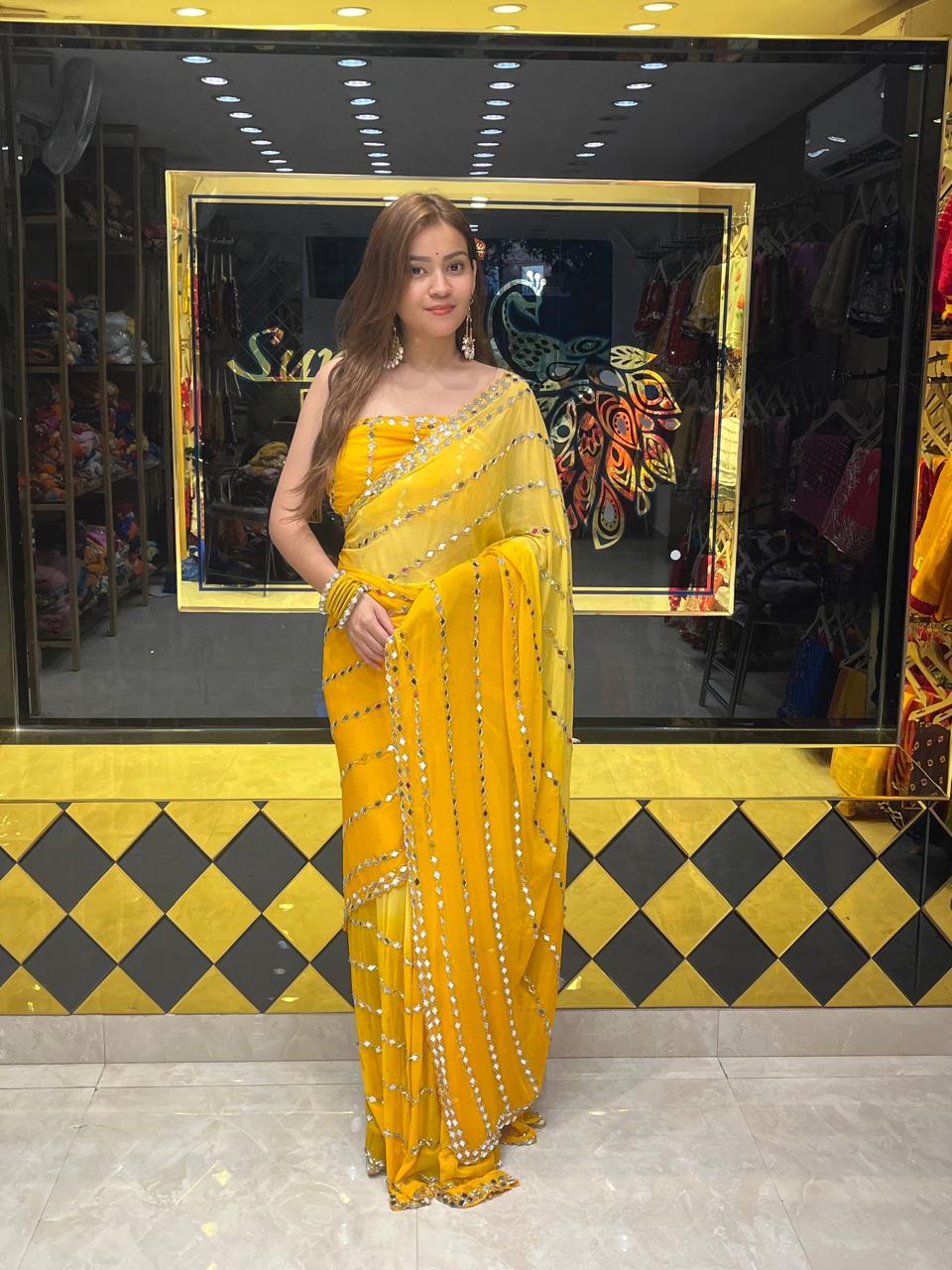 Yellow Ombre Mirror Work Saree (295)