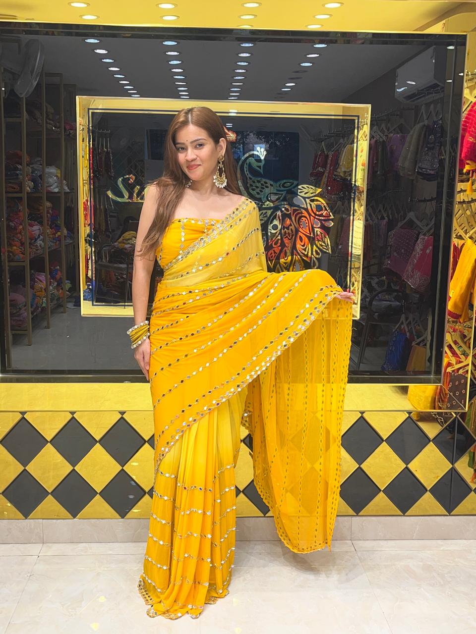Yellow Ombre Mirror Work Saree (295)