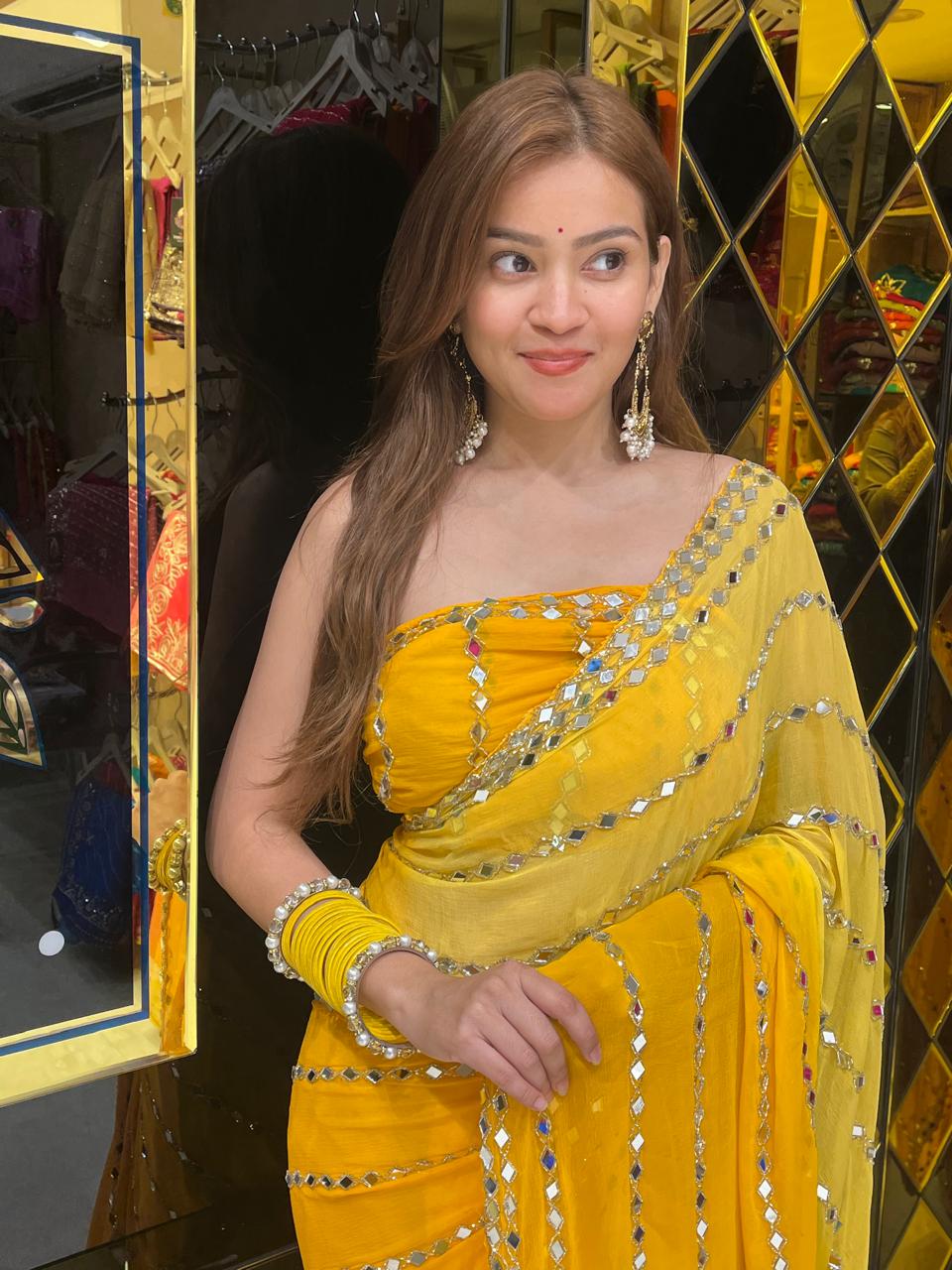 Yellow Ombre Mirror Work Saree (295)
